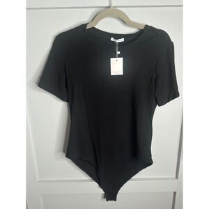 MANGOPOP Women's Black Ribbed Crew Neck Short Sleeve‎ Thong Bodysuit XXL